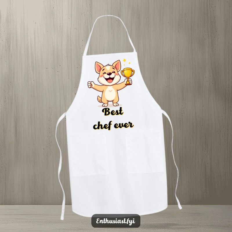 Funny Apron: Happy dog character celebrates holding a shiny trophy, ideal for culinary champions.