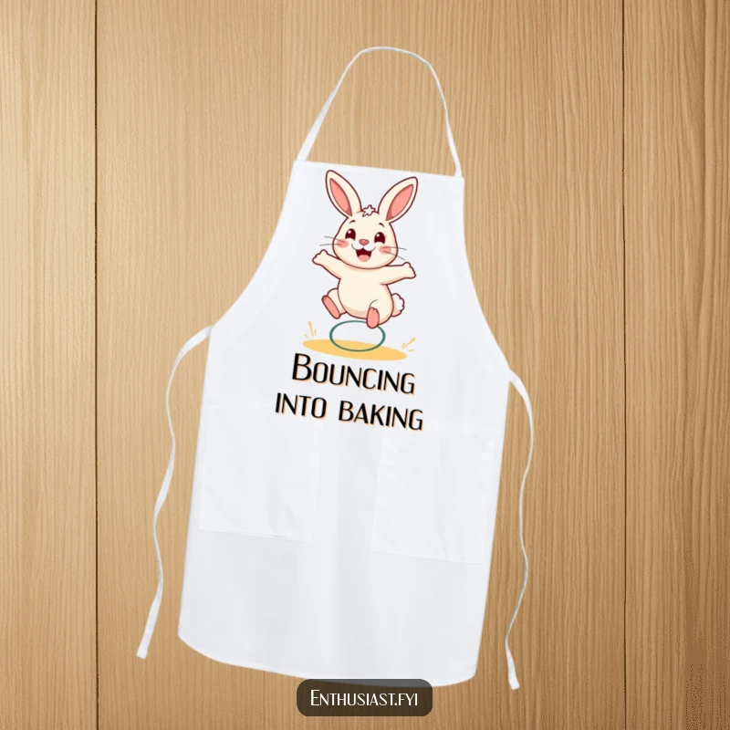 Funny rabbit apron showcasing a smiling bunny bouncing on a spring, a delightful kitchen accessory.