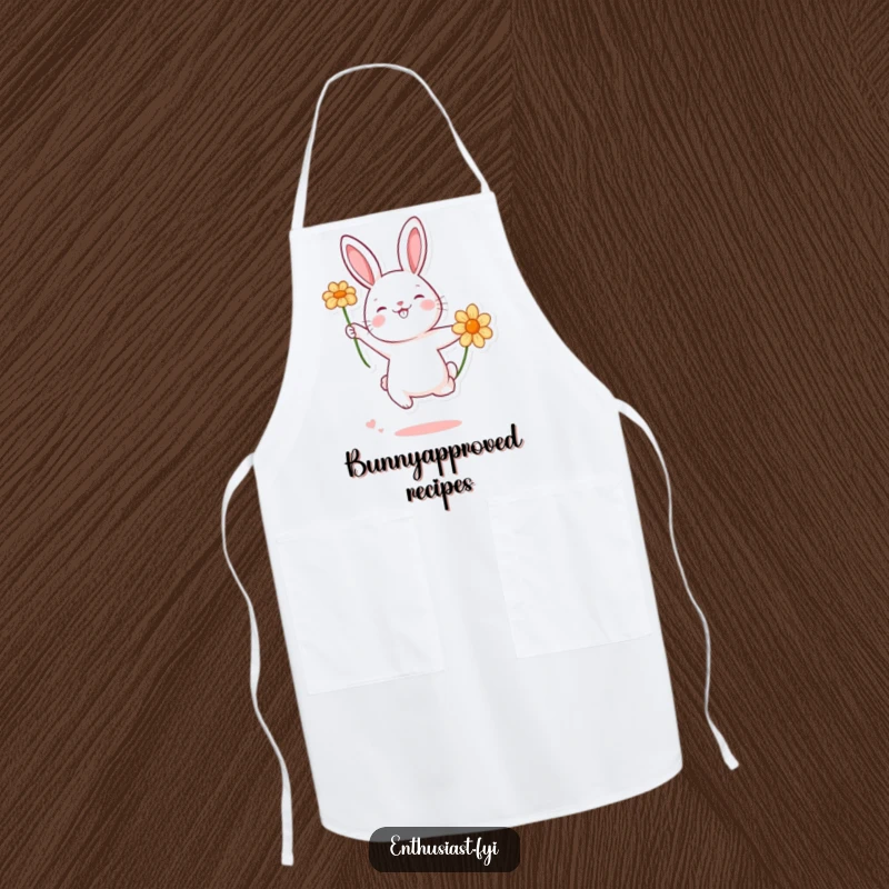 Funny rabbit character excitedly jumping to catch a flower while cooking, a humorous and practical apron for kitchen fun.