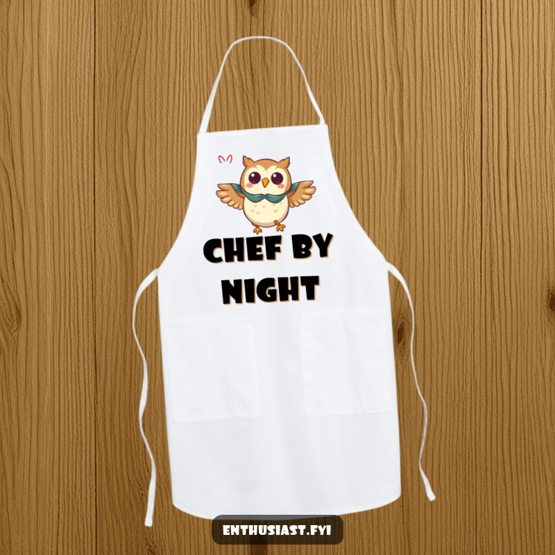 Funny owl apron, a triumphant owl wearing a cape flying with enthusiasm, ideal for kitchen heroism.