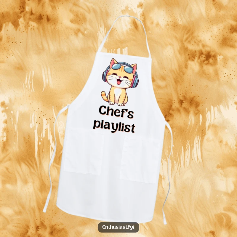 Funny Apron: Cheerful cat wearing oversized headphones, bobbing head to music, ideal for musical chefs.