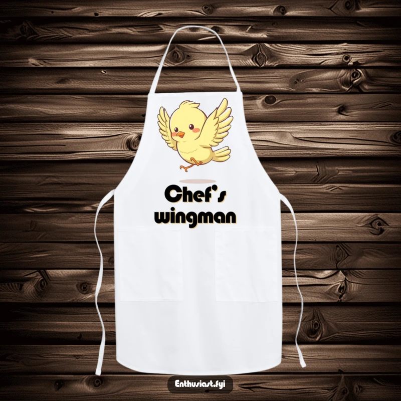 Funny Apron depicting a lively bird character energetically flapping its wings while cooking, adding a humorous and energetic flair.