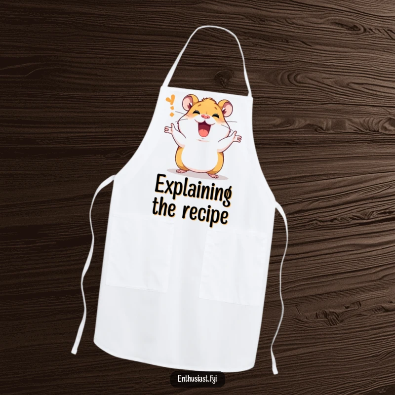 Funny Apron depicting a passionate hamster character explaining while cooking, adding a humorous and enthusiastic touch to meal prep.