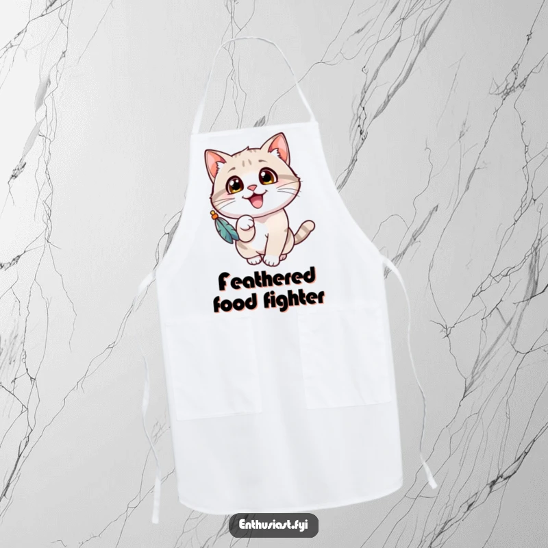 Funny cat apron showing a cheerful cat with wide eyes, gleefully batting at a dangling feathered toy, ideal for kitchen fun.