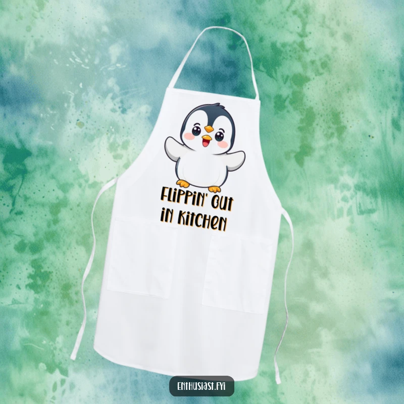Funny penguin apron with a character waving enthusiastically, perfect for cheerful cooking and baking.
