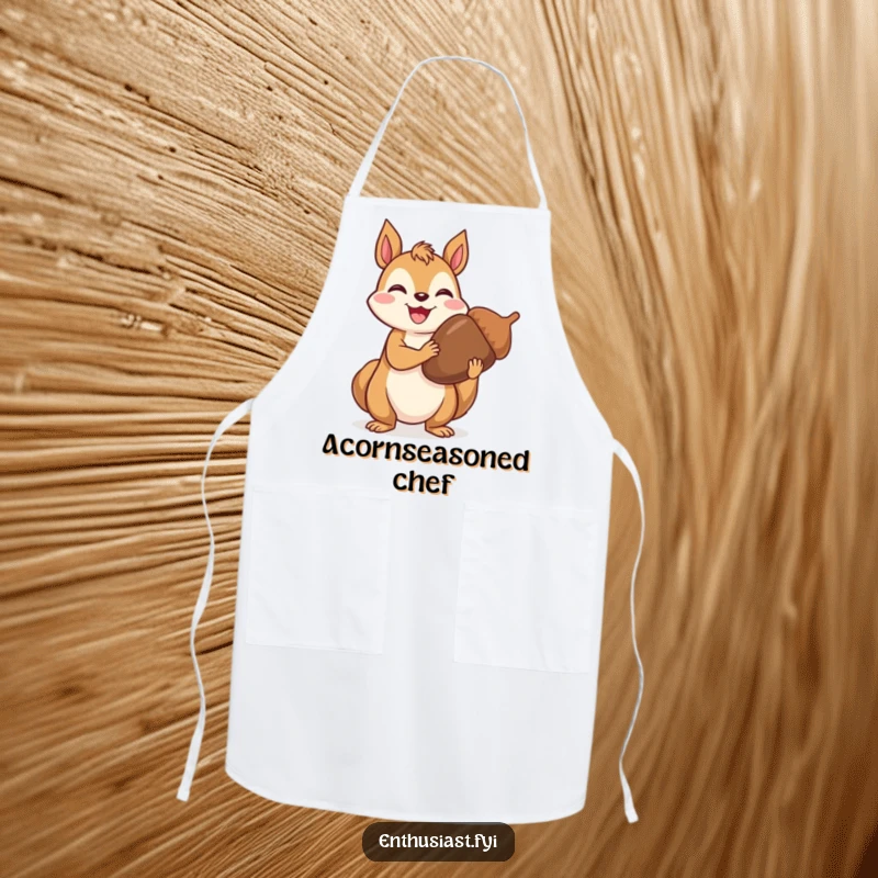 Funny Apron: Joyful squirrel proudly holding an extra large acorn, perfect for chefs and home cooks who love nature themes.