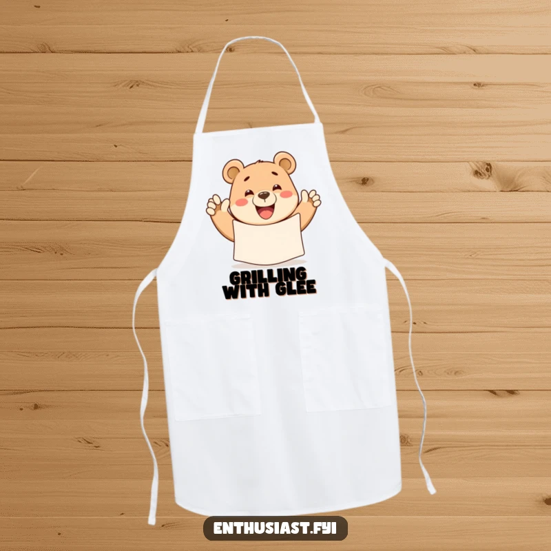 Funny bear apron, a cheerful bear with a wide grin waving a banner, adding humor to kitchen activities.