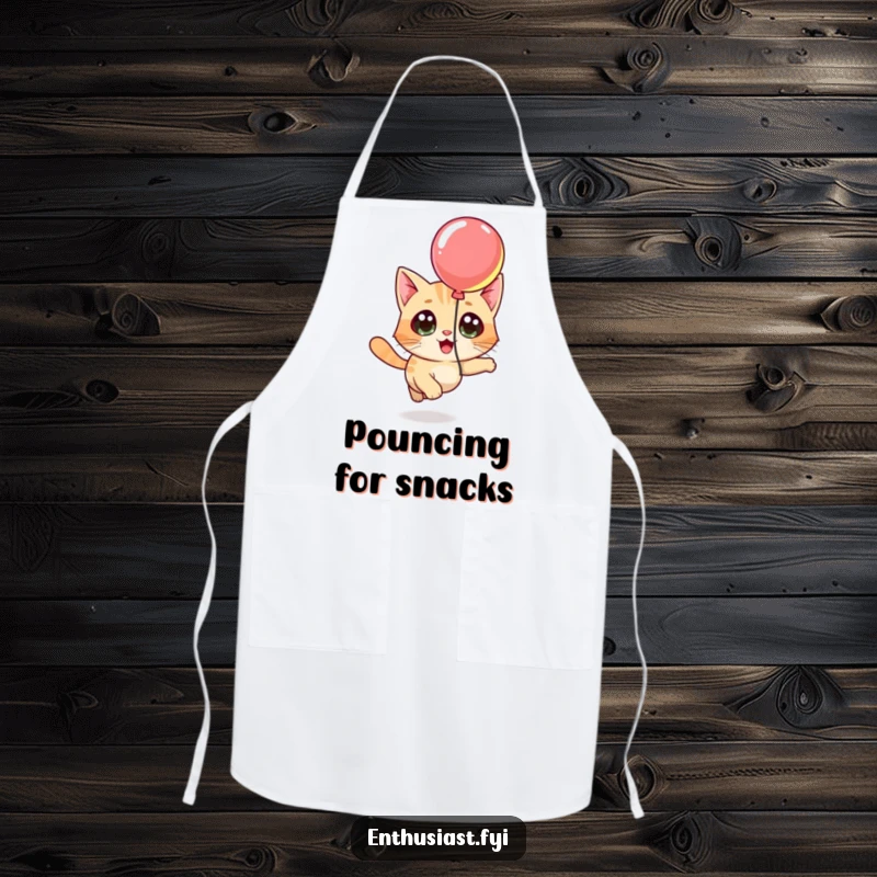 Funny apron with a curious cat character chasing a floating balloon, perfect for kitchen use with a playful touch.