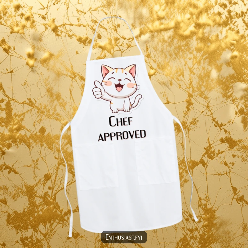 Funny apron with a happy cat giving an enthusiastic thumbs-up, perfect for chefs who cook with feline approval.