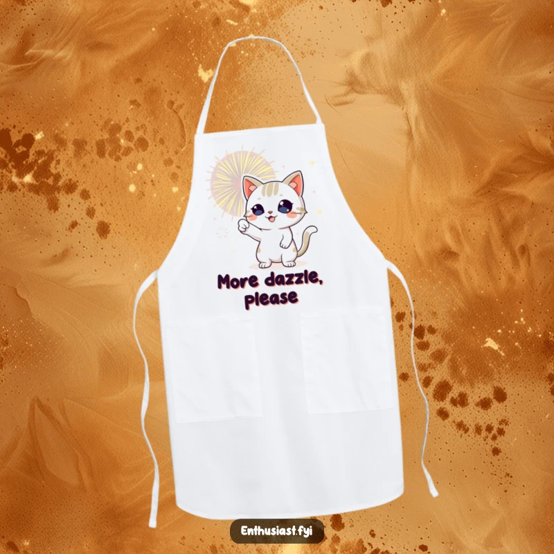 Funny cat apron showing a playful cat with sparkling eyes, pointing at a vibrant fireworks display, ready for the kitchen.