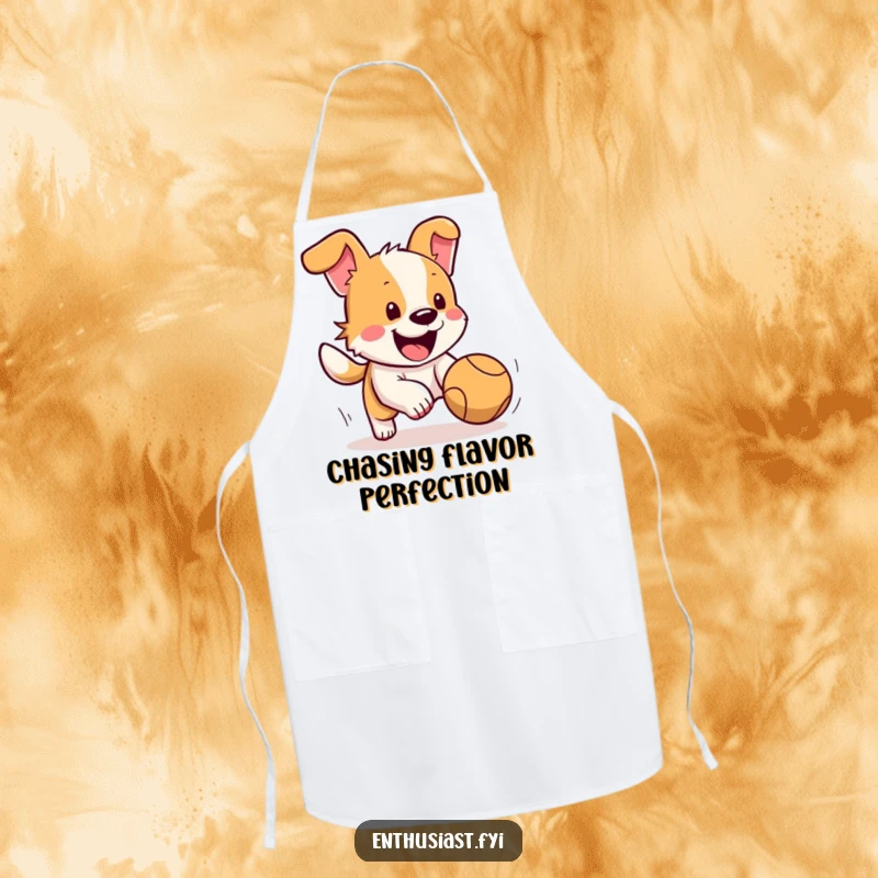 Funny dog apron showing a happy dog with its tail wagging furiously, excitedly chasing a bouncing ball, ideal for kitchen fun.