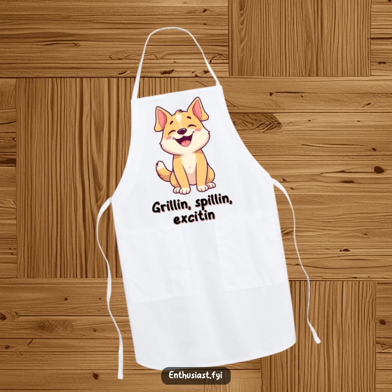 Funny dog apron with a character barking happily and tail wagging, designed for joyful cooking.
