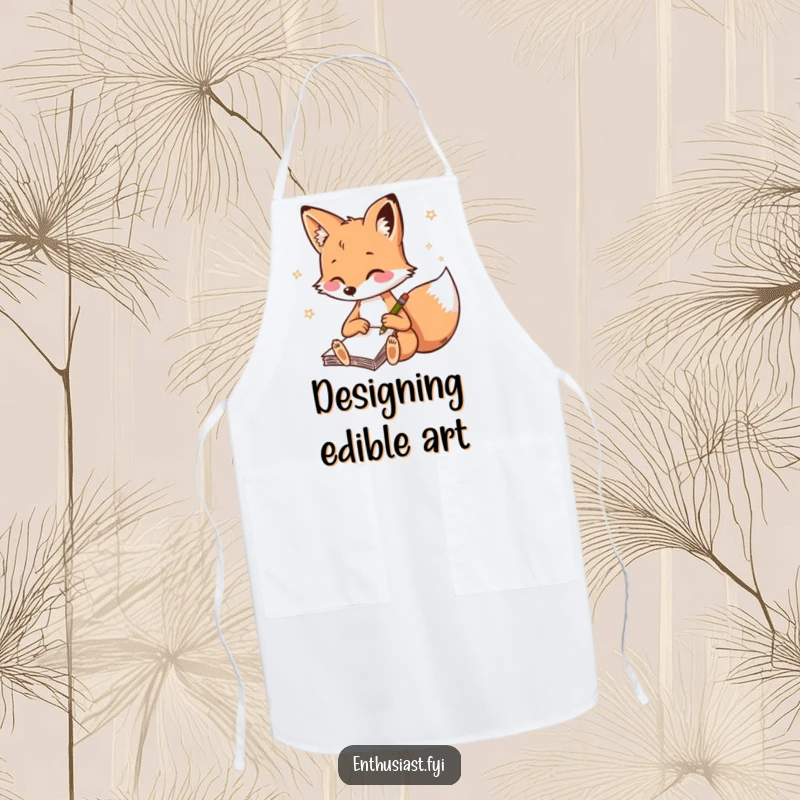 Funny fox apron, a playful fox sketching rapidly in a notebook, ideal for protecting clothes during creative work.