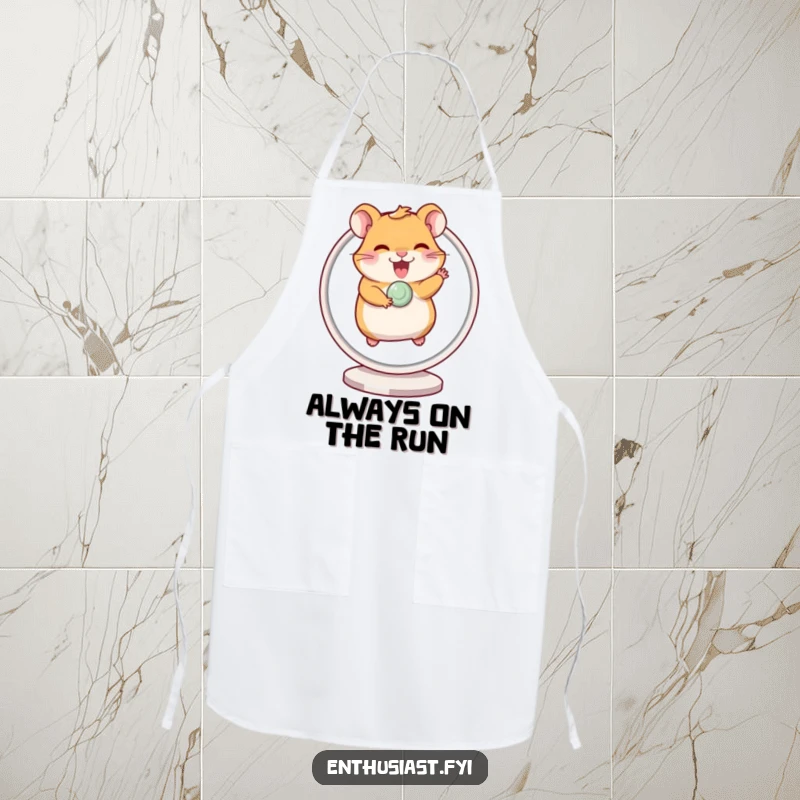 Funny apron showing a giggling hamster excitedly running on a spinning wheel, adding energetic humor to cooking.