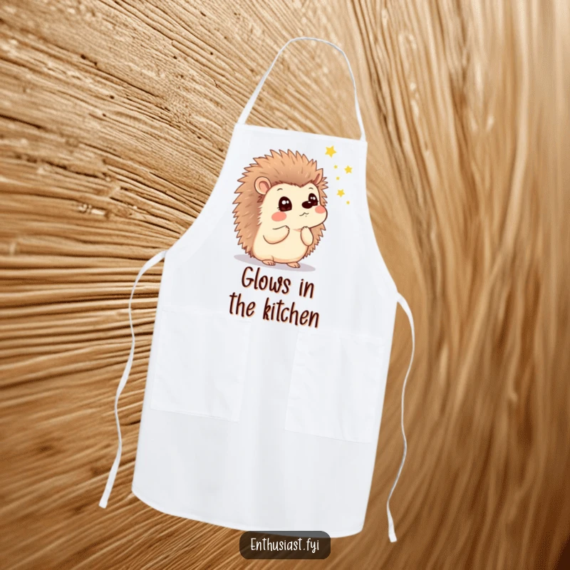 Funny apron showing a thoughtful hedgehog with a look of wonder, watching enchanting fireflies, adding magic to cooking.