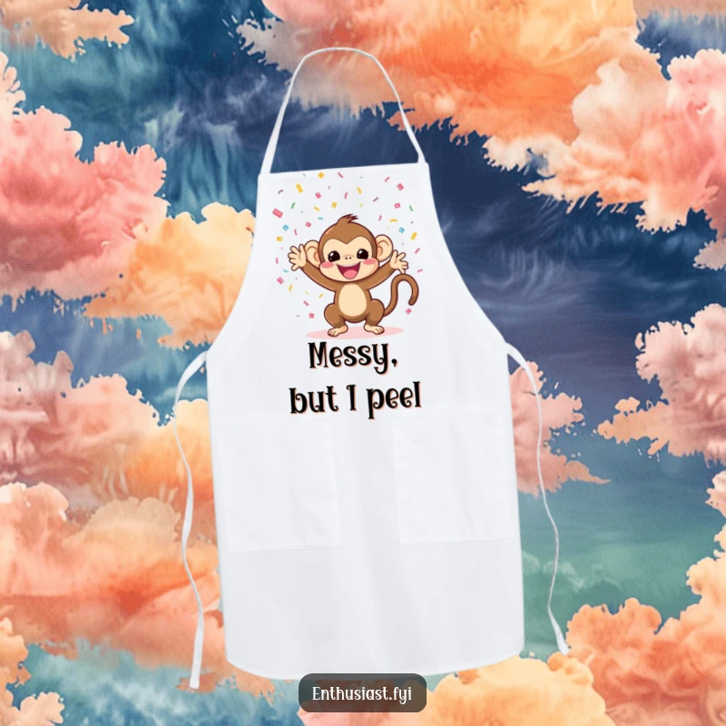 Funny monkey apron with a character throwing confetti, designed for joyful cooking and party hosting.