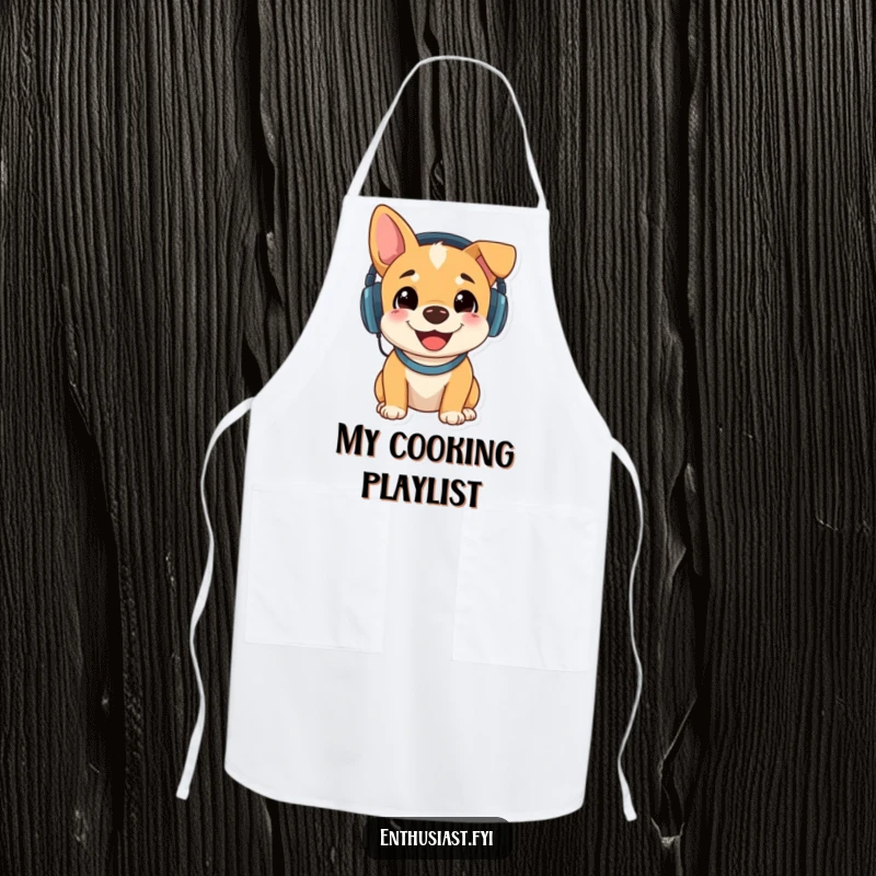 Funny apron depicting a happy dog wearing headphones and listening intently to music, perfect for adding humor to chores.