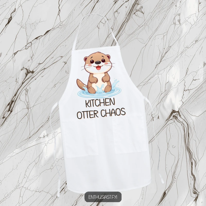 Funny apron with a happy otter character splashing gleefully in a sparkling puddle, perfect for joyful cooking.