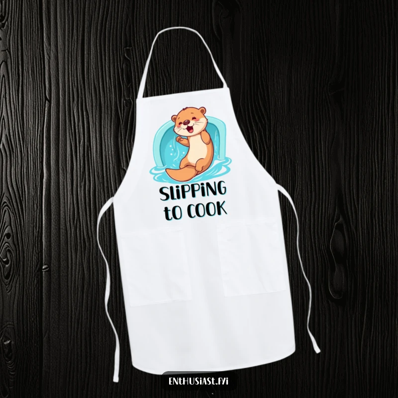 Funny Otter Apron: A playful otter enthusiastically slides down a water slide, perfect for kitchen fun and protection, a fantastic funny gift.