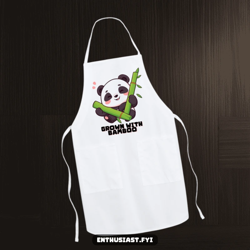 Funny apron showing a proud panda with a happy sigh, enthusiastically hugging a large bamboo stalk, bringing humor to cooking.