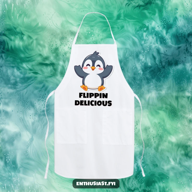 Funny apron depicting a playful penguin character enthusiastically waving both flippers, perfect for kitchen fun and cheerful cooking.