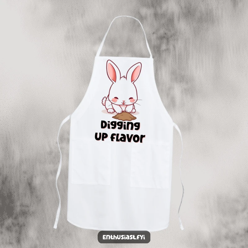 Funny rabbit apron showing a playful bunny with twitching ears, enthusiastically digging a small hole, ideal for garden protection.