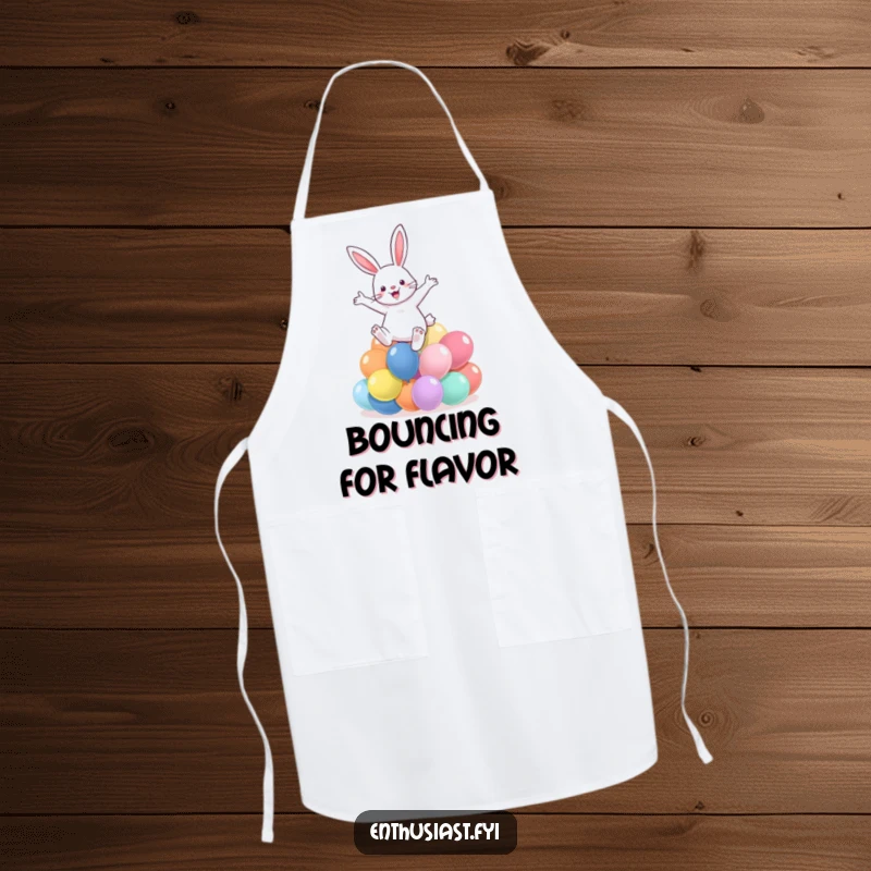 Funny apron depicting a rabbit leaping over colorful balloons, ideal for kitchen fun and party hosts.