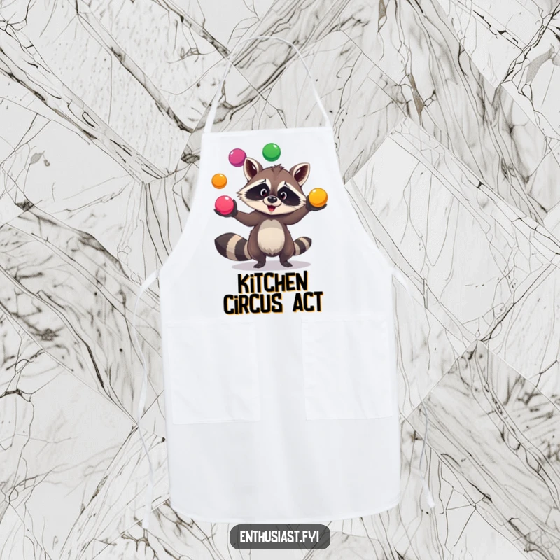 Funny raccoon chef apron shows a goofy raccoon juggling colorful balls, bringing playful energy to cooking and kitchen tasks.