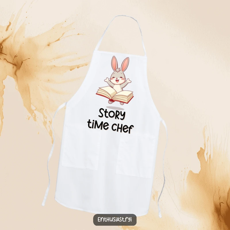 Funny apron depicting a joyful bunny bouncing with a large, open book, perfect for adding literary protection.