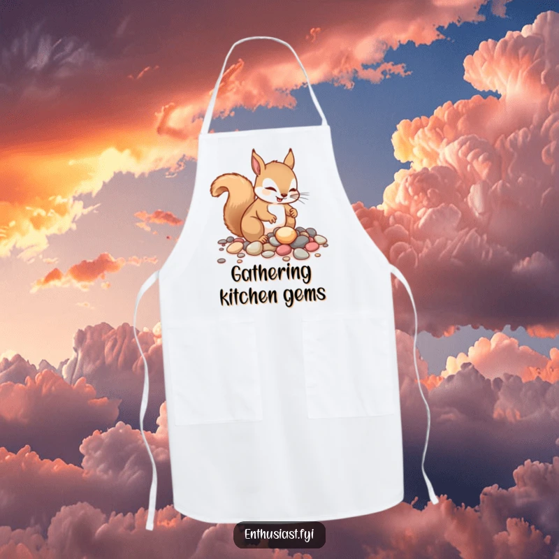 Funny squirrel apron, showing an enthusiastic squirrel collecting shiny pebbles. A practical and humorous kitchen gift.