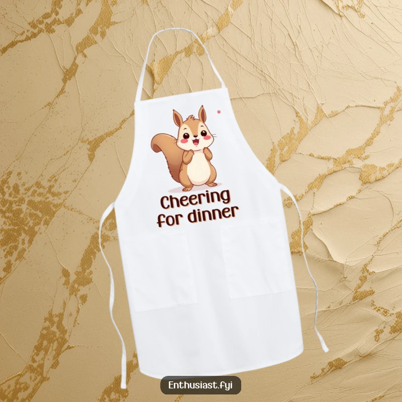 Funny squirrel cheering apron showing an enthusiastic squirrel with pom-poms, ready to cheer on culinary creations with playful energy.