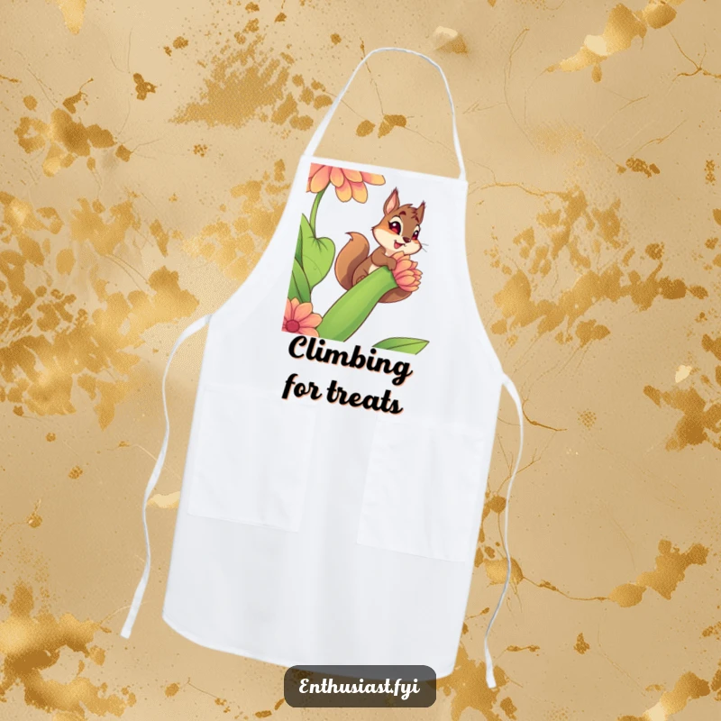 Funny apron with a determined squirrel climbing a giant, vibrant flower stem, ideal for messy kitchen tasks or creative projects.