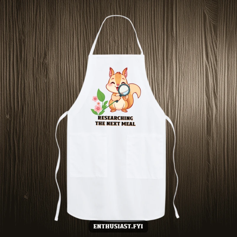 Funny squirrel apron, a chef's companion, with a squirrel magnifying a flower, adding humor to cooking.