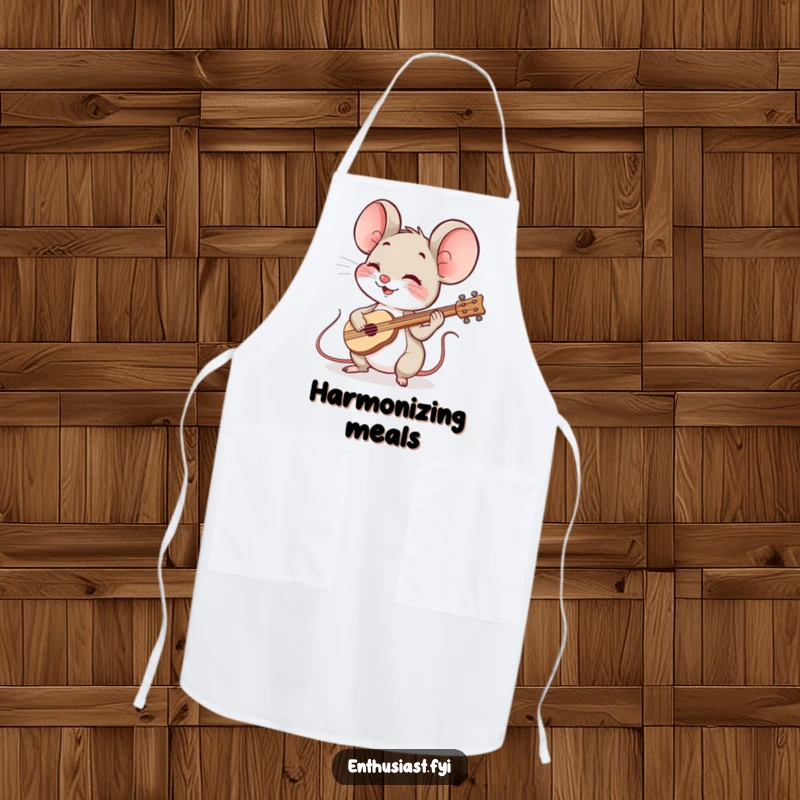 Funny mouse maestro apron shows a spirited mouse playing a cheerful instrument, bringing musical fun to kitchen tasks.