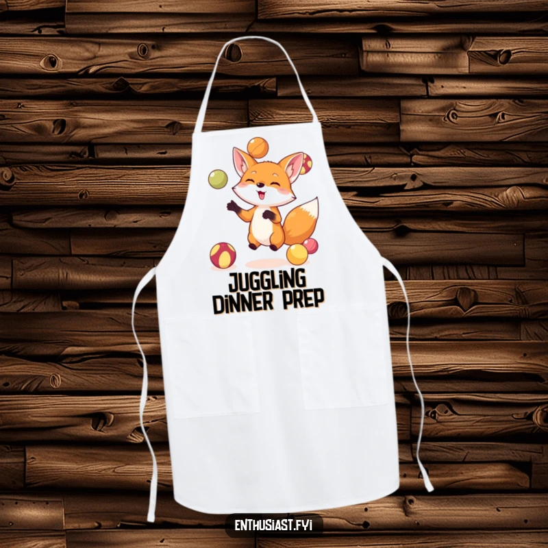 Funny fox apron showing a small fox adeptly juggling colorful balls while cooking, adding a playful and humorous element to kitchen tasks.