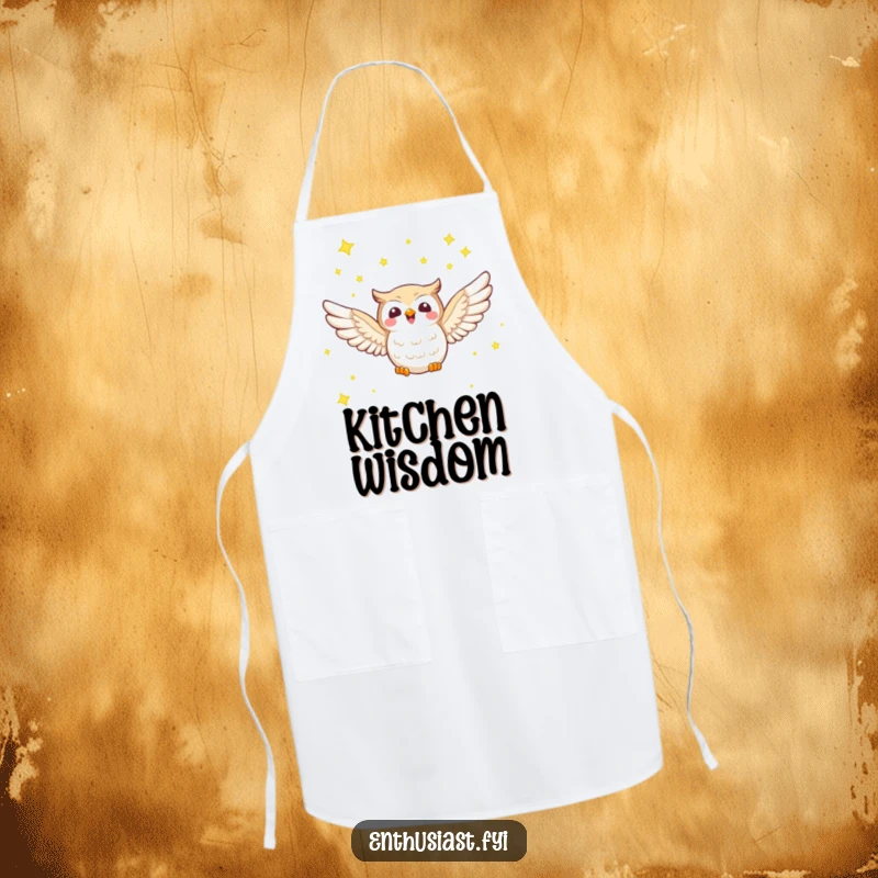 Funny apron with a joyful owl character soaring through a starry sky, perfect for kitchen use with a celestial theme.