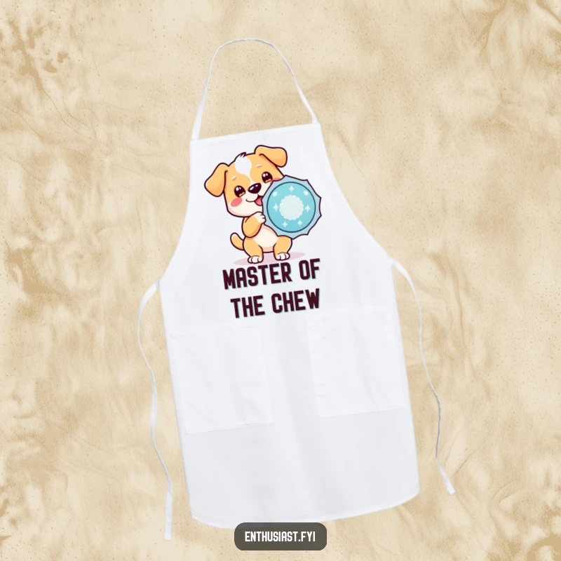 Funny apron with an excited dog character holding a large, sparkling badge, perfect for pet parents in the kitchen.