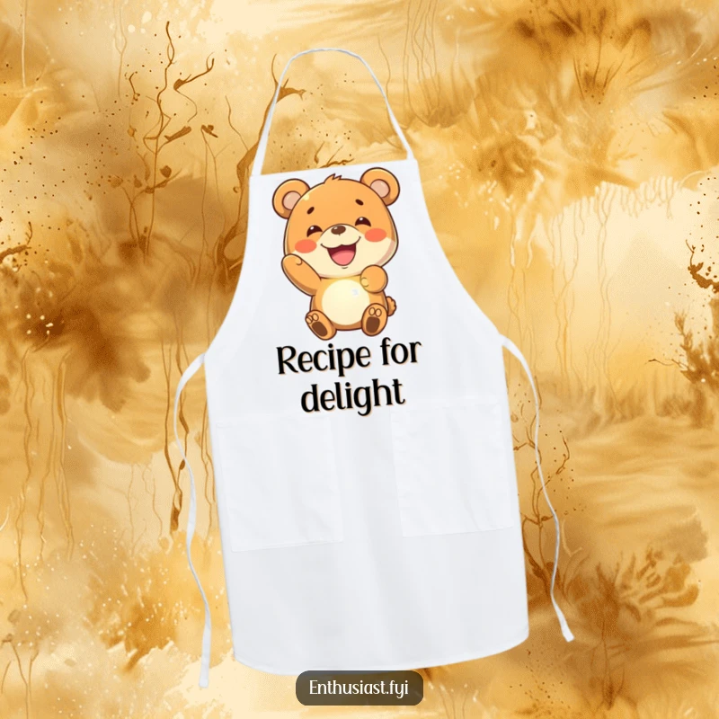 Funny bear apron showing a joyful bear character with a wide grin, holding a glowing, imaginary object while cooking with happiness.