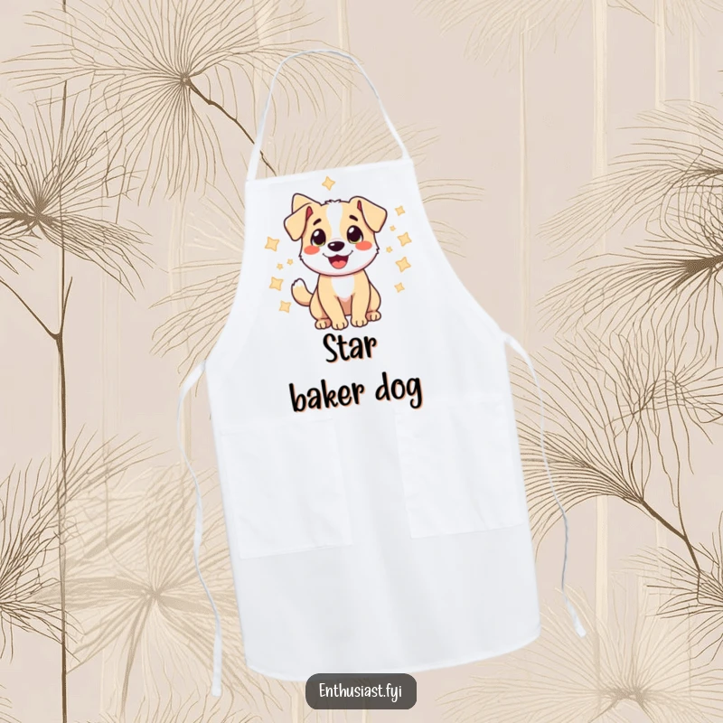 Funny apron showcasing a joyful dog wagging its tail amidst stars, bringing a happy and whimsical touch to cooking.