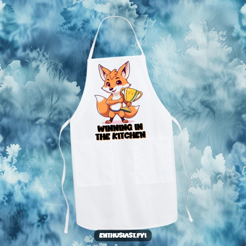Funny apron depicting a proud fox character posing with an oversized, shiny trophy, ready to conquer the kitchen with culinary skill and humor.