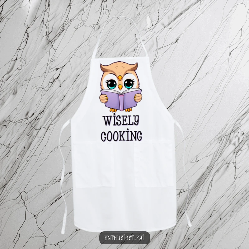 Funny owl apron showcasing a happy owl reading a book, adding a humorous and wise touch to cooking.