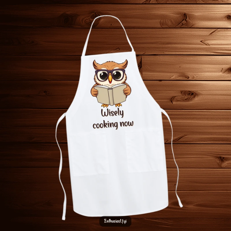 Funny Apron: Excited owl wearing oversized glasses, engrossed in reading a large book, perfect for chefs and home cooks who love learning.