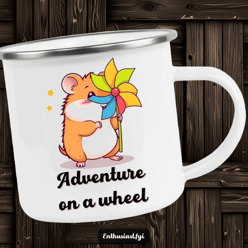 Funny hamster pinwheel camping mug shows an energetic hamster spinning a pinwheel, perfect for enjoying drinks outdoors with a smile.