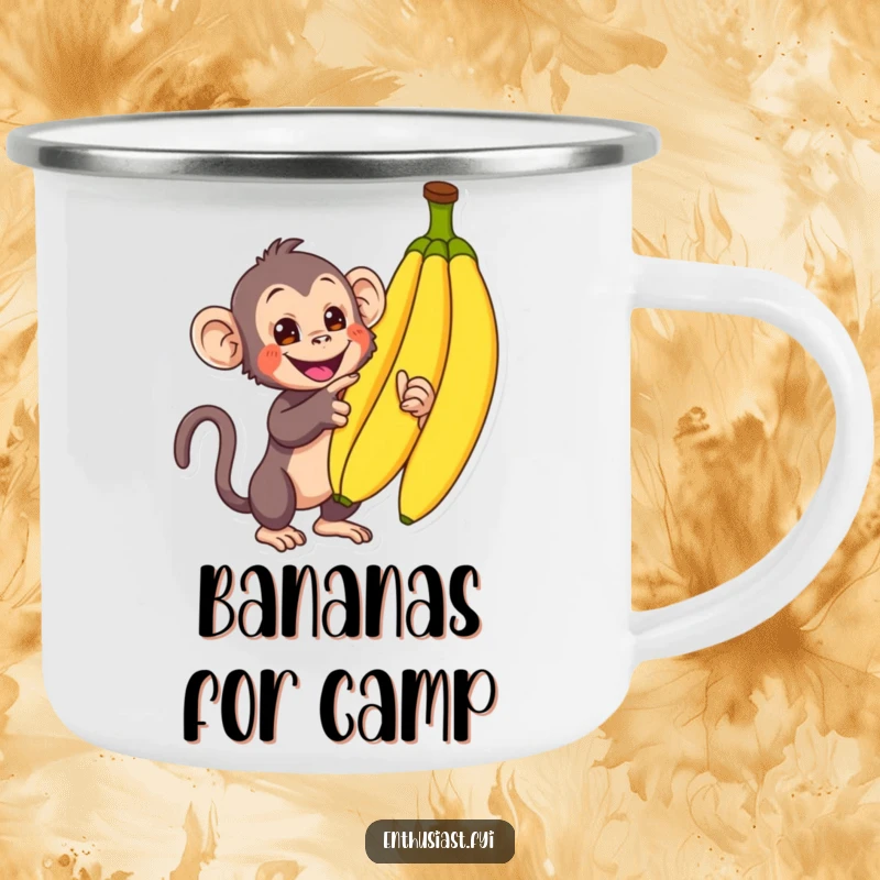 Funny Monkey Camping Mug: An enthusiastic monkey points at bananas, perfect for enjoying drinks on jungle adventures, a great funny gift.