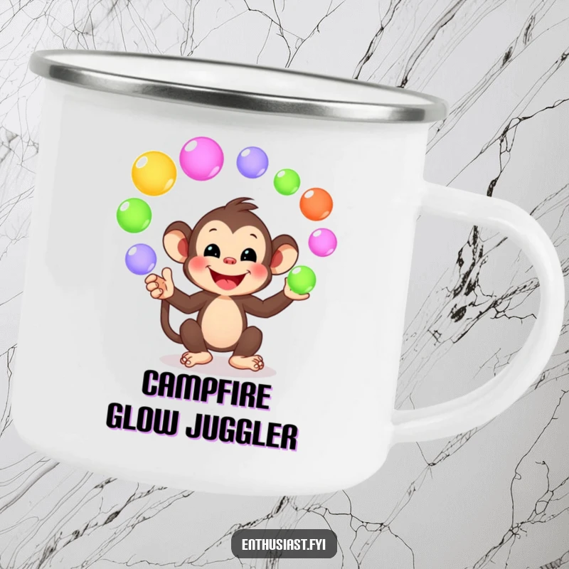 Funny camping mug with a smiling monkey character juggling colorful orbs, ideal for outdoor enthusiasts who appreciate playful designs.