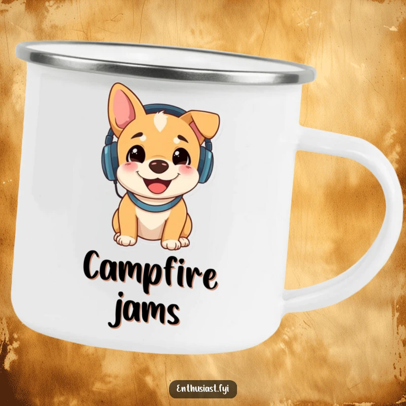 Funny camping mug showing a happy dog wearing headphones and enjoying music, perfect for outdoor listening sessions.