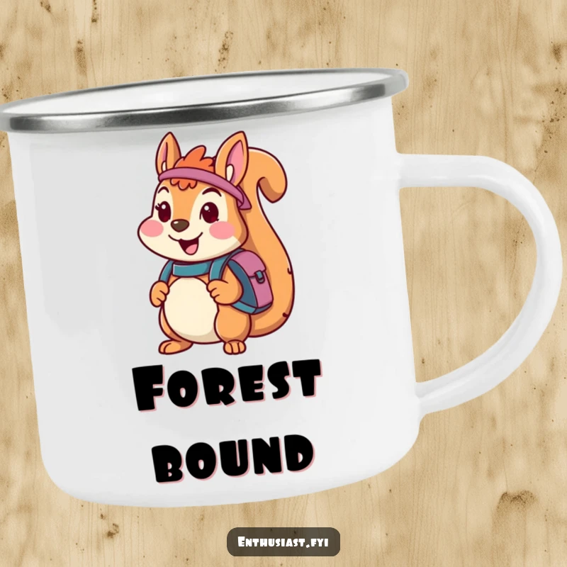 Funny camping mug with a cheerful squirrel character carrying a backpack, ready for adventure, perfect for enjoying drinks on the go.