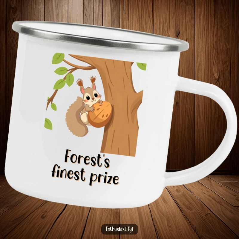 Funny squirrel camping mug with a squirrel in a tree excitedly looking at a huge nut, ready for outdoor adventures.