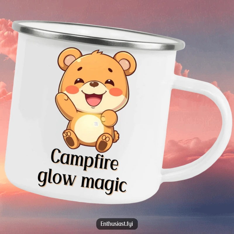 Funny bear camping mug with a joyful bear's wide grin holding a glowing, imaginary object, perfect for outdoor enjoyment.