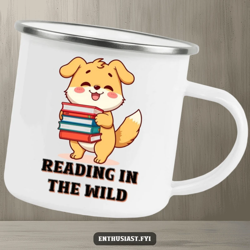 Funny camping mug featuring a happy dog character with a wagging tail, excitedly holding a large pile of books.